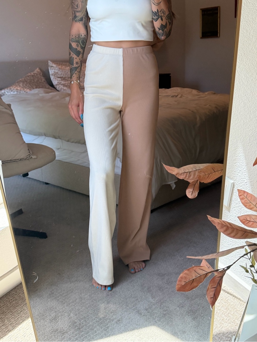 Princess Polly Two-Tone Cream & Tan Wide-Leg Pants